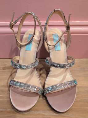 Betsey Johnson Aubry Crystal Beaded Strappy Sandals Nude Color 7.5